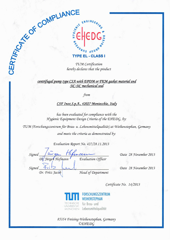 Сертификат EHEDG на насос серии CSA CSF Inox